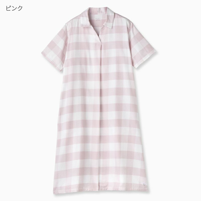 【レディース】今治ガーゼタオル チェック柄 衿付きかぶり 半袖 ワンピース